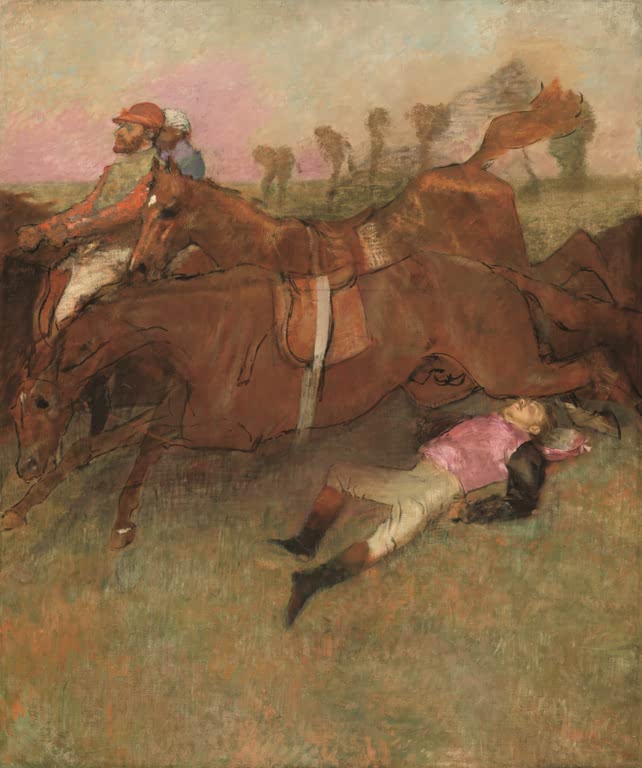 Kunstdruck von „Szene vom Hindernisrennen: Der gestürzte Jockey“ von Edgar Degas, handgefertigt in Deutschland als Leinwand oder Poster erhältlich
