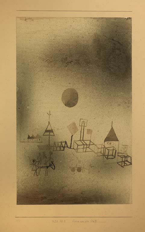 Kunstdruck des Gemäldes Szene vor der Stadt von Paul Klee, handgefertigt in Deutschland als hochwertiger Kunstdruck.