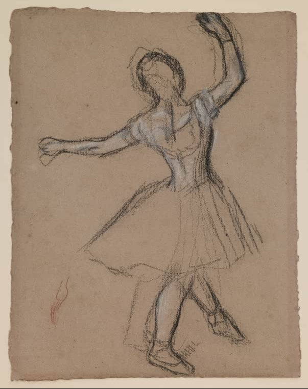 Kunstdruck des Gemäldes Tänzerin auf der Bühne in Bewegung von Edgar Degas mit einer Balletttänzerin während einer dynamischen Bühnenbewegung.