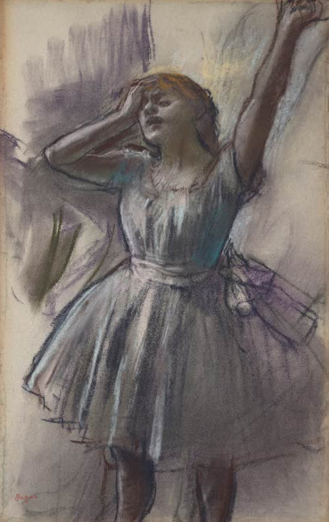 Kunstdruck des Gemäldes Tänzerin beim Strecken von Edgar Degas mit einer Balletttänzerin bei einer Dehnübung.