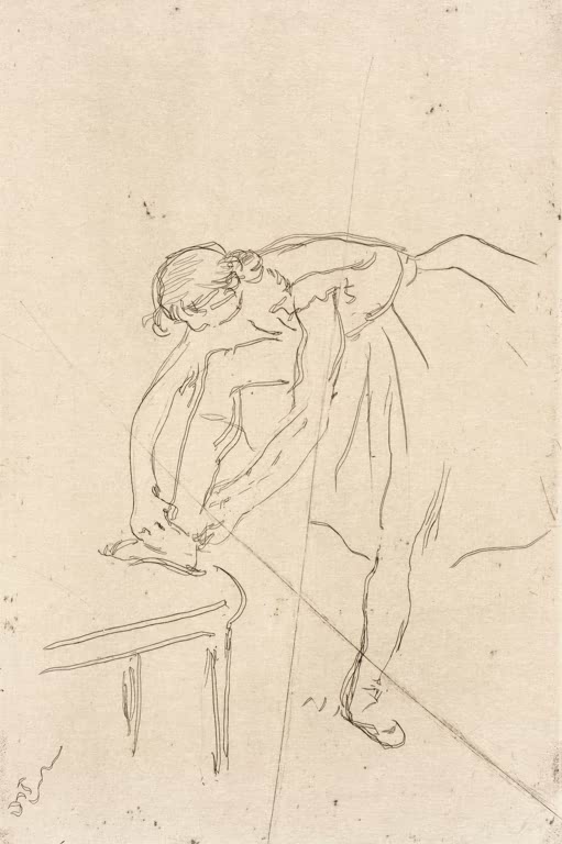 Kunstdruck des Gemäldes Tänzerin, die ihren Schuh anzieht von Edgar Degas mit einer Balletttänzerin beim Anziehen ihres Tanzschuhs.