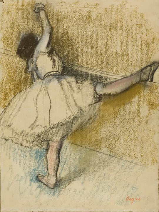 Kunstdruck des Gemäldes „Tänzerin, die sich an der Stange dehnt“ von Edgar Degas, detailgetreu als Kunstdruck umgesetzt und in Deutschland von Hand gefertigt.