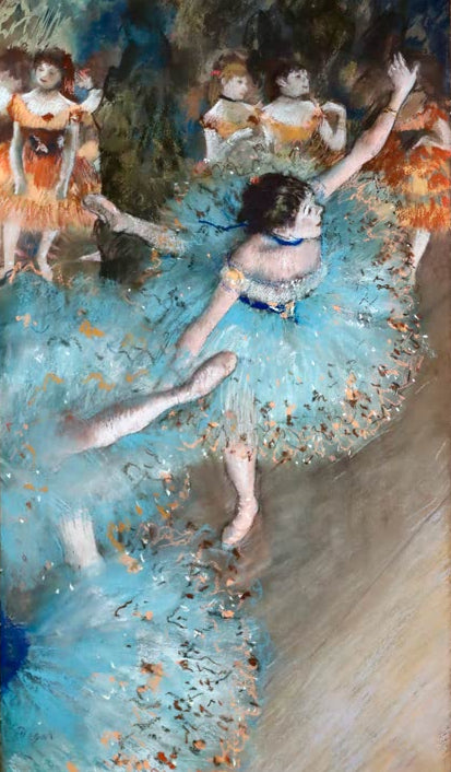 Kunstdruck des Gemäldes Tänzerin in Grün von Edgar Degas mit einer Balletttänzerin in einem grünen Kostüm.