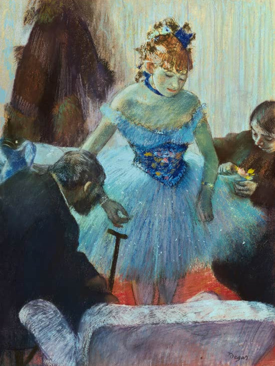 Kunstdruck von Tänzerin in der Garderobe von Edgar Degas mit einer Balletttänzerin hinter der Bühne in impressionistischer Darstellung.