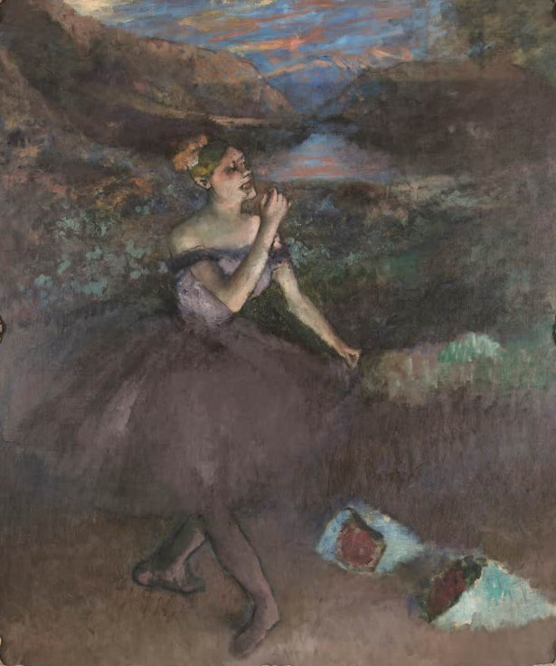 Kunstdruck des Gemäldes Tänzerin mit Blumensträußen von Edgar Degas mit einer Balletttänzerin und mehreren Blumensträußen.