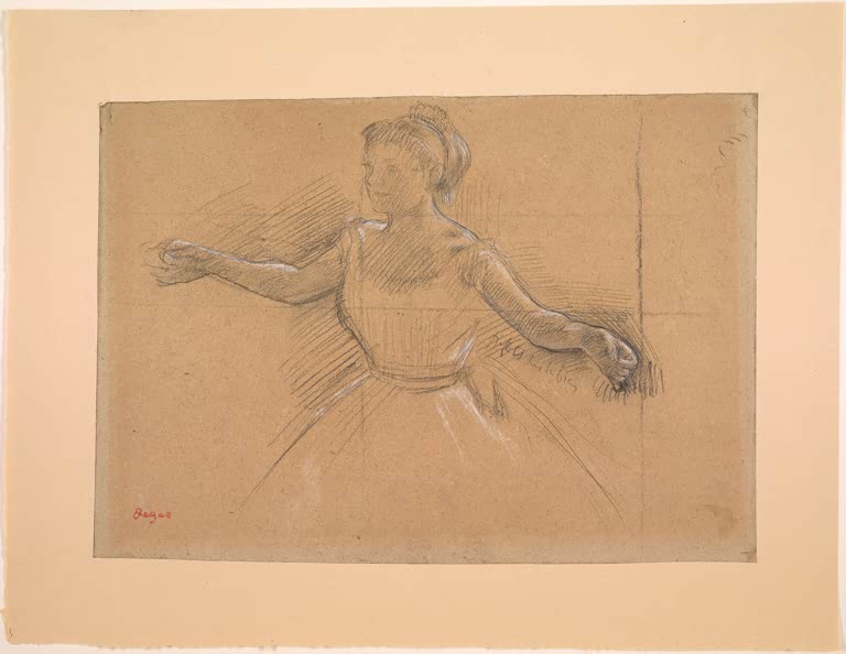 Kunstdruck des Gemäldes Tänzerin mit ausgebreiteten Armen von Edgar Degas mit einer Balletttänzerin in einer offenen Tanzpose.