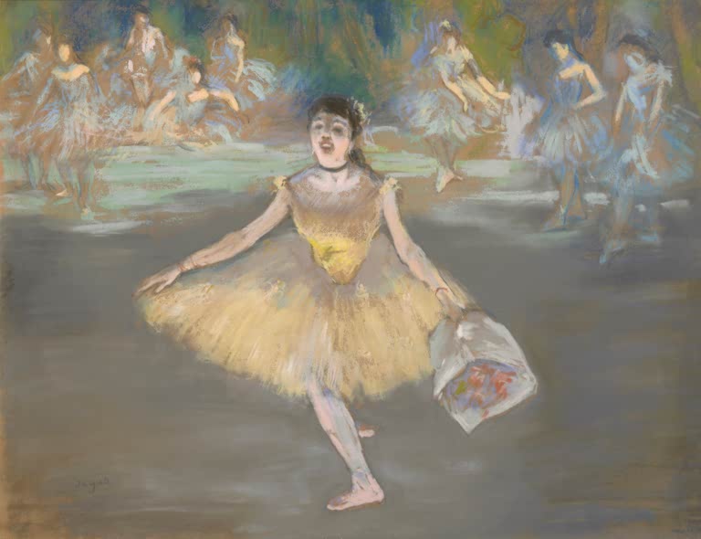 Kunstdruck des Gemäldes Tänzerin mit einem Blumenstrauß von Edgar Degas mit einer Balletttänzerin, die einen Blumenstrauß hält.