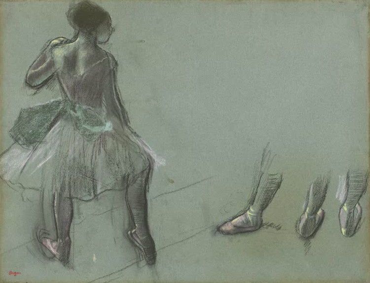 Kunstdruck von „Tänzerin von hinten gesehen und drei Fußstudien“ von Edgar Degas, handgefertigt in Deutschland als Leinwand oder Poster erhältlich