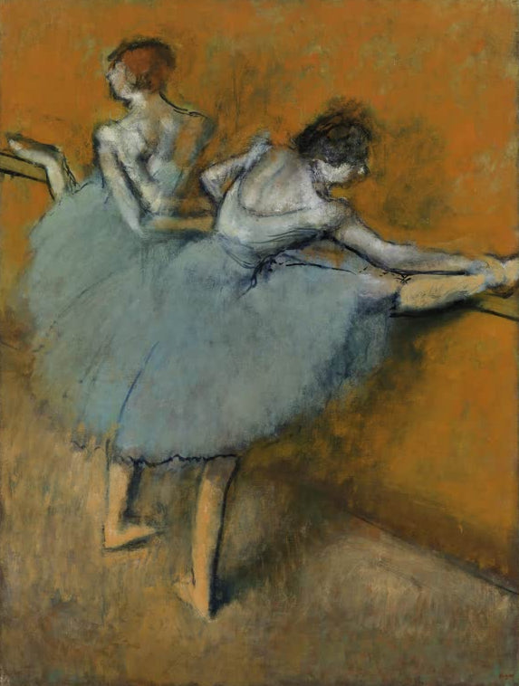 Kunstdruck des Gemäldes Tänzerinnen an der Stange von Edgar Degas mit Balletttänzerinnen beim Training an der Ballettstange.