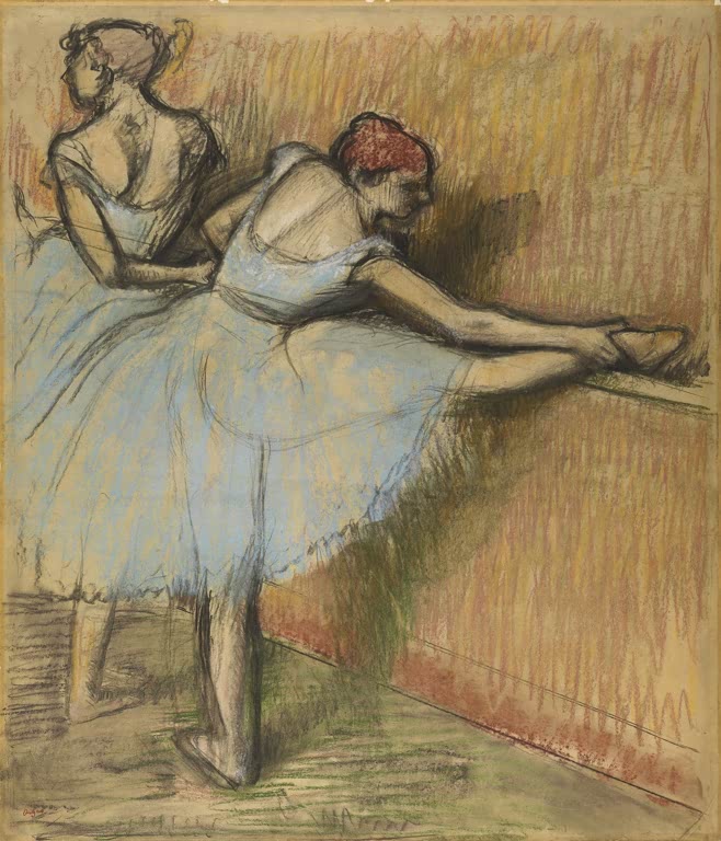 Kunstdruck des Gemäldes Tänzerinnen an der Stange von Edgar Degas mit Balletttänzerinnen beim Training an der Ballettstange.