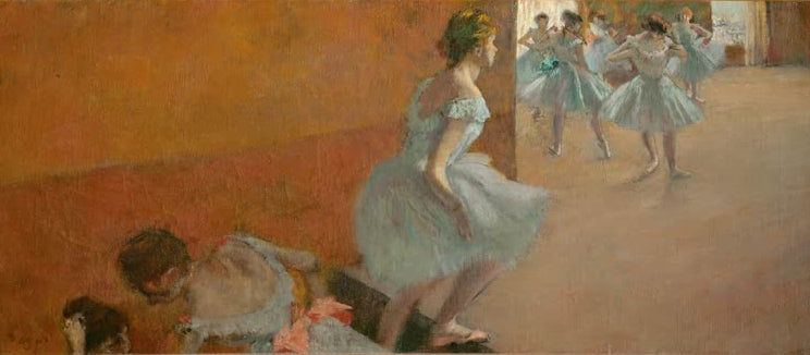 Kunstdruck des Gemäldes Tänzerinnen auf einer Treppe von Edgar Degas mit mehreren Balletttänzerinnen auf einer Treppe.