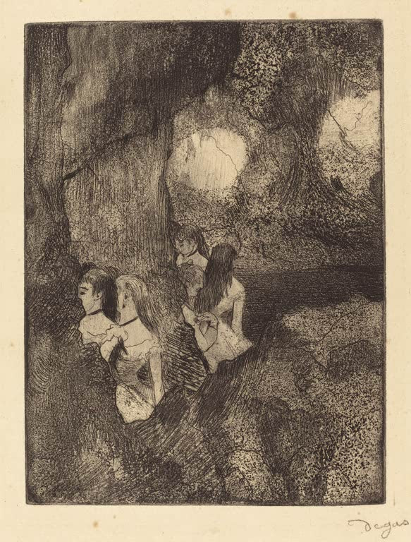 Kunstdruck des Gemäldes „Tänzerinnen im Hintergrund“ von Edgar Degas, detailgetreu als Kunstdruck umgesetzt und in Deutschland von Hand gefertigt.