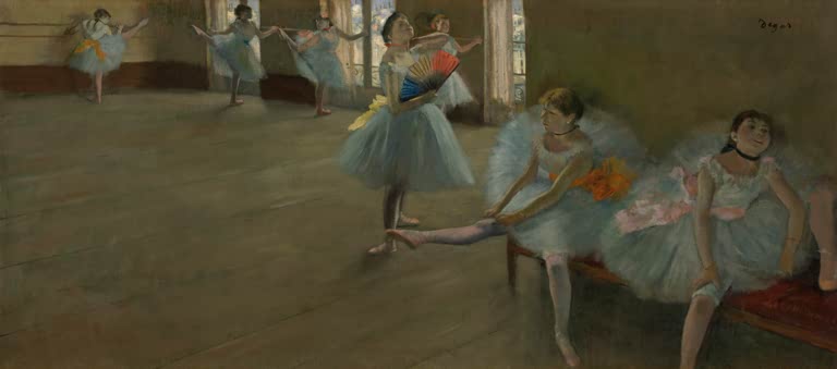Kunstdruck des Gemäldes Tänzerinnen im Unterrichtszimmer von Edgar Degas mit Balletttänzerinnen während des Tanzunterrichts.