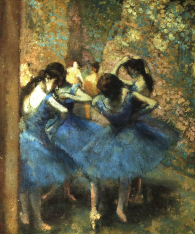 Kunstdruck des Gemäldes Tänzerinnen in Blau von Edgar Degas mit mehreren Balletttänzerinnen in blauen Kostümen.