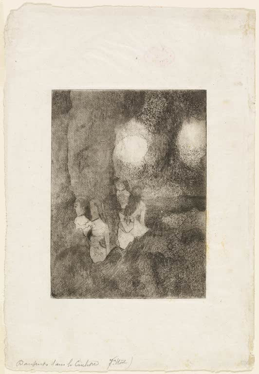 Kunstdruck von Tänzerinnen in den Kulissen von Edgar Degas mit Balletttänzerinnen hinter der Bühne in impressionistischer Darstellung.