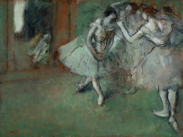 Kunstdruck des Gemäldes Tänzerinnengruppe von Edgar Degas mit einer Gruppe von Balletttänzerinnen in einer eleganten Bühnenszene.