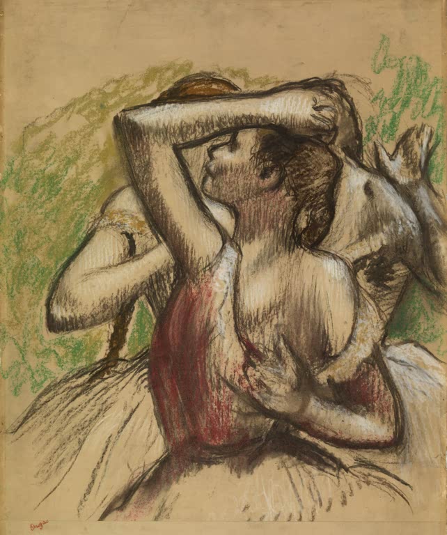 Kunstdruck des Gemäldes Tänzerinnengruppe von Edgar Degas mit einer Gruppe von Balletttänzerinnen in eleganten Tanzposen.