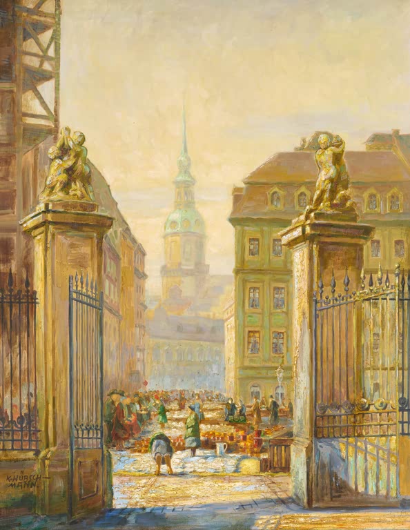 Kunstdruck „Töpfermarkt auf dem Neumarkt in Dresden“ von Karl Hübschmann mit historischem Marktgeschehen vor Dresdner Architektur