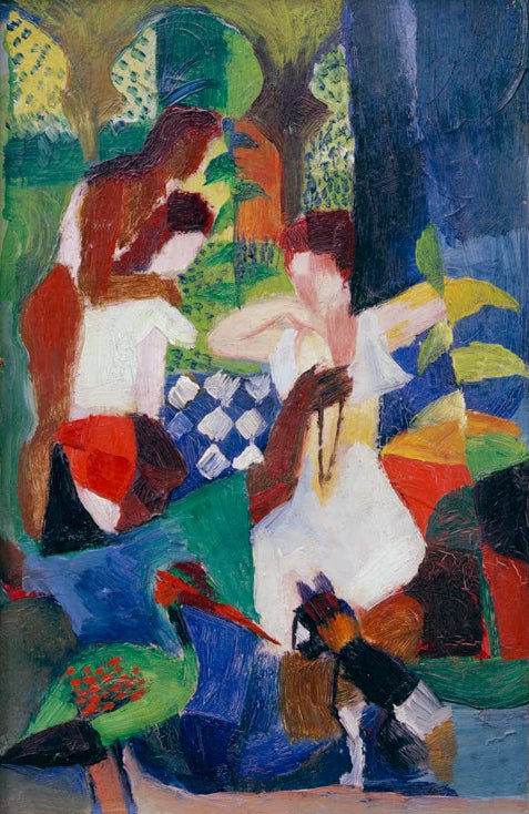 Kunstdruck des Gemäldes „Türkischer Schmuckhändler“ von August Macke. Hochwertig in Deutschland von Hand gefertigt, erhältlich als Poster oder Leinwand und optional gerahmt.