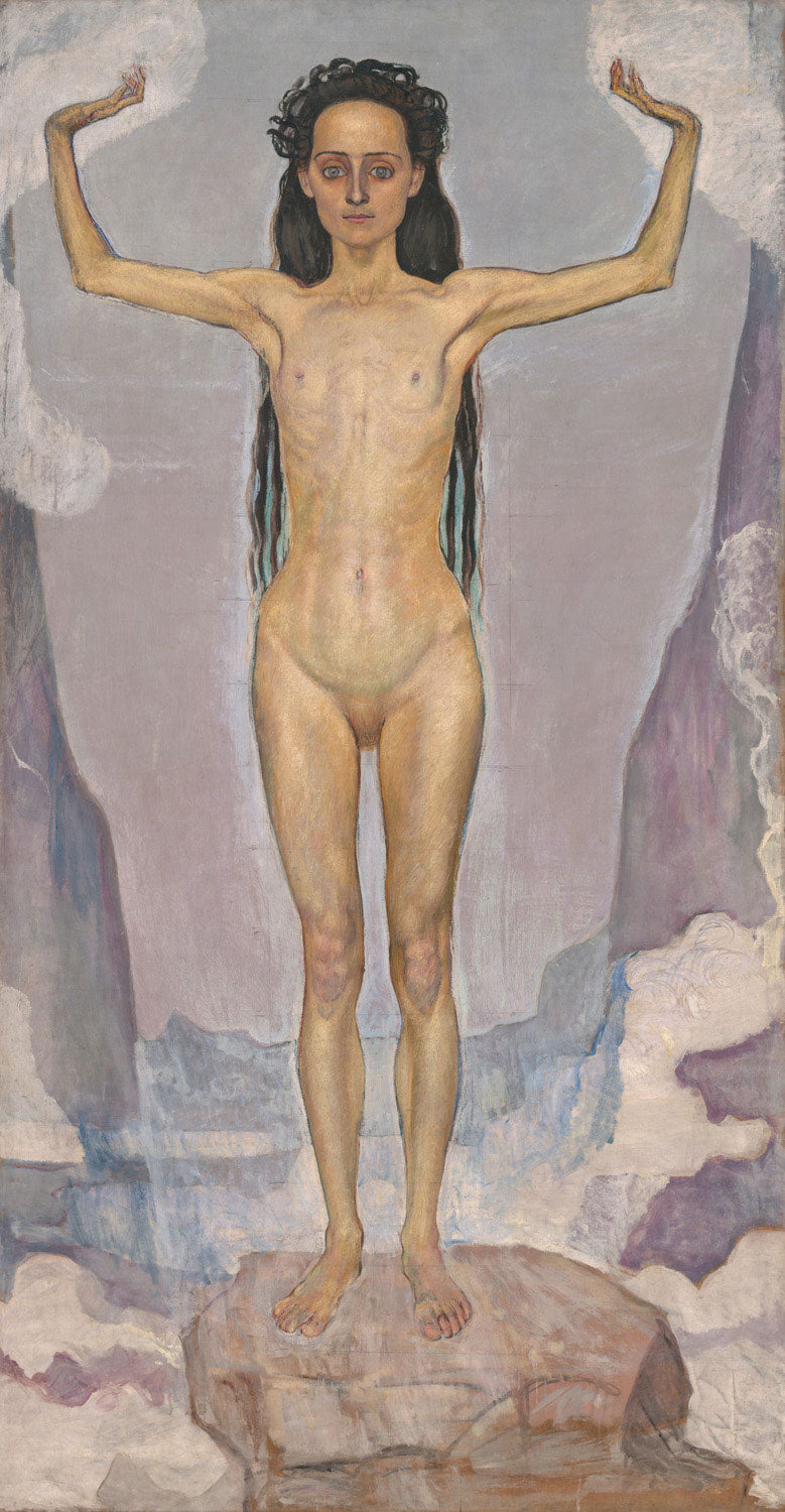 Das Gemälde „Day (Truth)“ von Ferdinand Hodler zeigt eine große, kräftig ausdruckende menschliche Figur, die in einem hellen, leuchtenden Licht steht. Die Figur ist frontal und aufrecht dargestellt, mit erhobenem Blick, was eine starke und klare Präsenz vermittelt.
