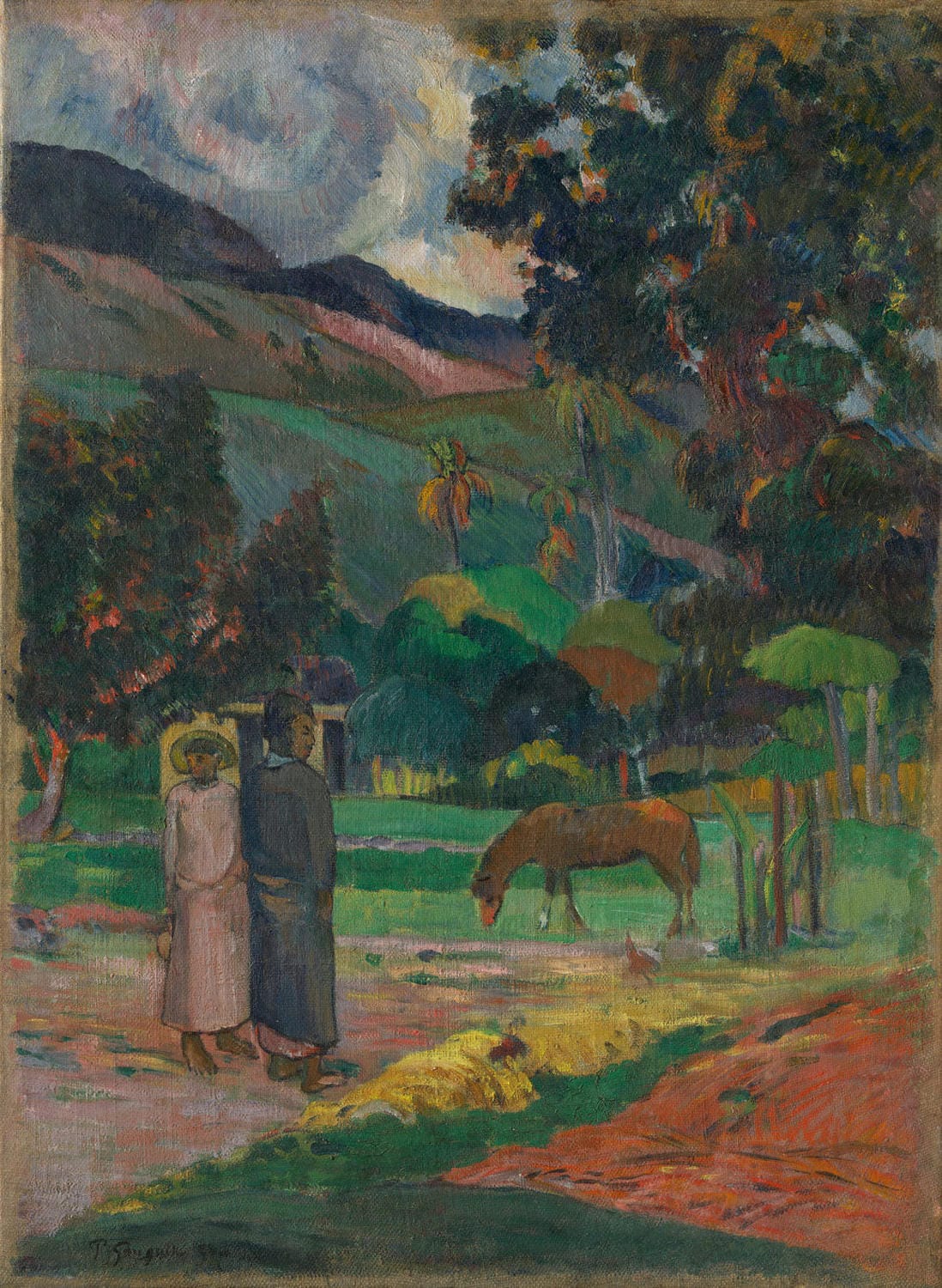 „Tahitianische Landschaft“ von Paul Gauguin zeigt eine tropische, üppige Landschaft Tahitis mit grünen Hügeln und bunten Pflanzen. Die kräftigen Farben und die harmonische Komposition spiegeln Gauguins Liebe zur polynesischen Natur wider und fangen die exotische Atmosphäre der Insel ein.