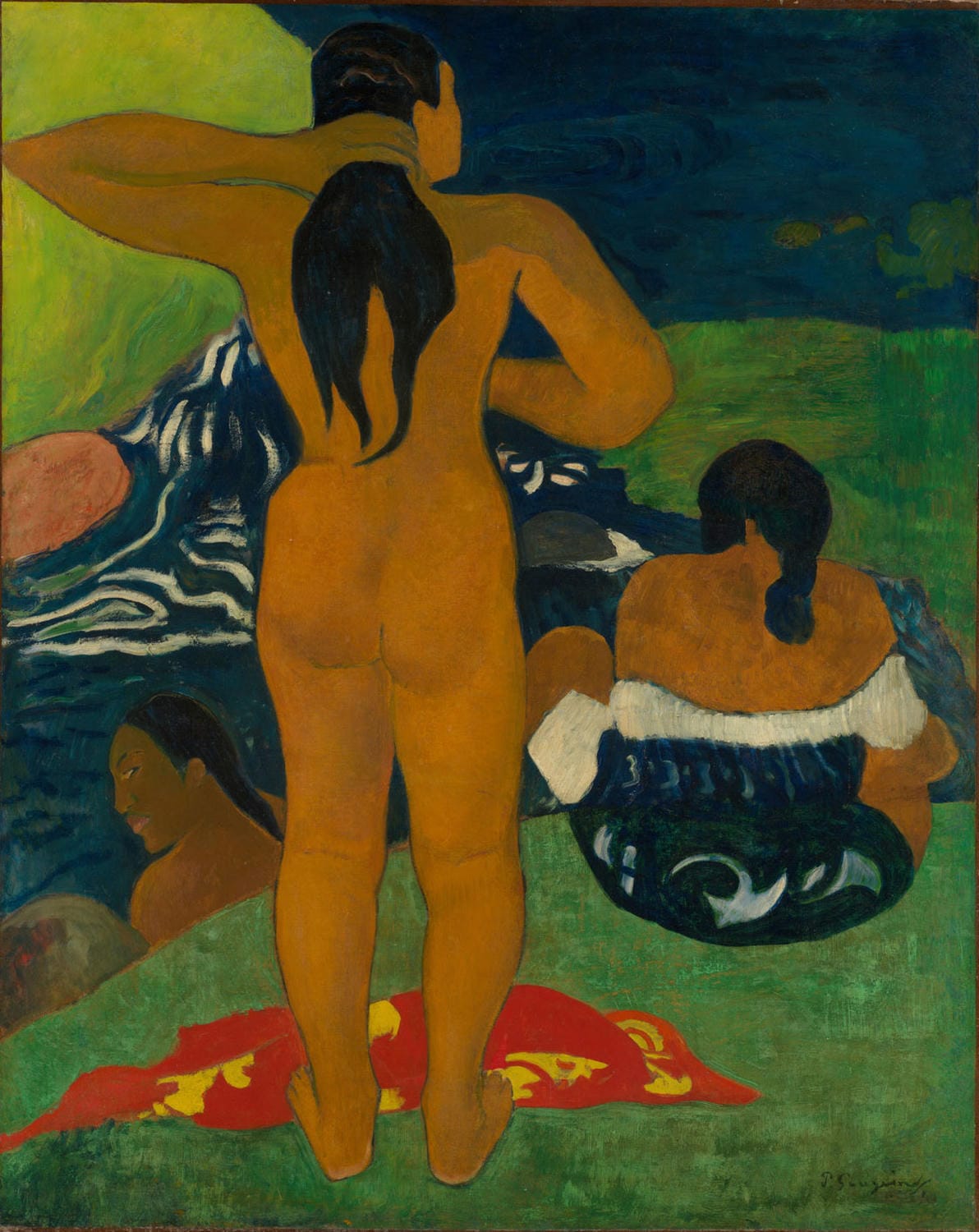 „Badende Tahitierinnen“ von Paul Gauguin zeigt zwei polynesische Frauen, die in einem natürlichen Teich baden, umgeben von einer tropischen Landschaft. Das Gemälde fängt mit kräftigen Farben die sinnliche Ruhe und die exotische Schönheit Tahitis ein und verbindet westliche Kunsttradition mit polynesischer Kultur.