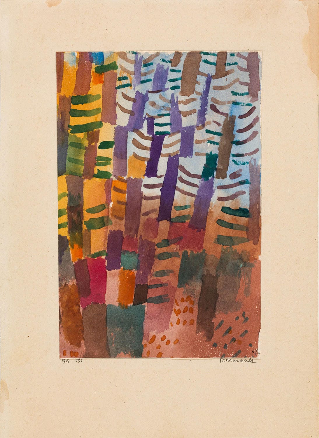 Abstrakte Darstellung eines Waldes mit stilisierten Tannenbäumen, in sanften, erdigen Farben gehalten, von Paul Klee. Die geometrischen Formen und minimalistischen Linien verleihen dem Gemälde eine ruhige und mystische Atmosphäre.