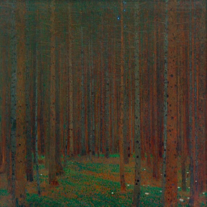 Kunstdruck des Gemäldes „Tannenwald I“ von Gustav Klimt – hochwertige Reproduktion einer stimmungsvollen Waldlandschaft im Jugendstil.