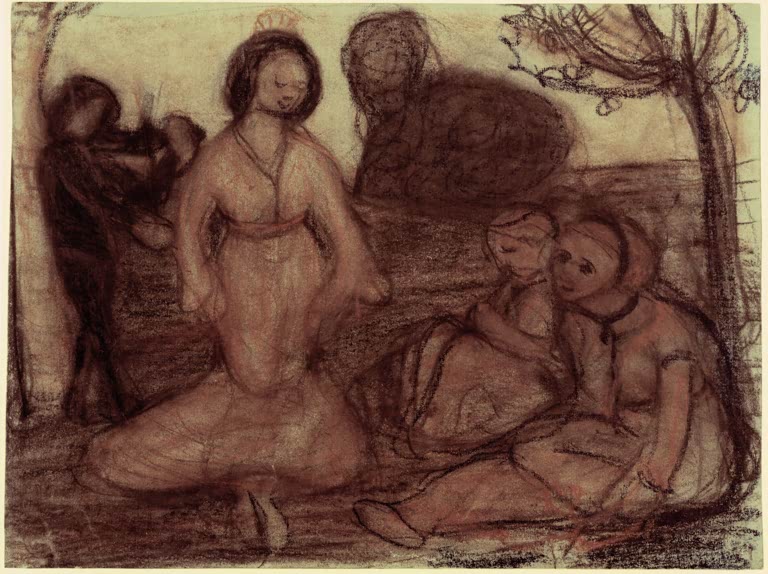 Kunstdruck von „Tanzende Prinzessin mit Musikanten“ von Paula Modersohn-Becker. Ausdrucksstarke märchenhafte Szene mit Figuren und Musikanten, in Deutschland handgefertigt.