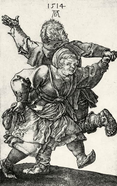 Kunstdruck des Gemäldes „Tanzendes Bauernpaar“ von Albrecht Dürer in hochwertiger Druckqualität. Erhältlich als Poster oder auf Leinwand, optional auch gerahmt.