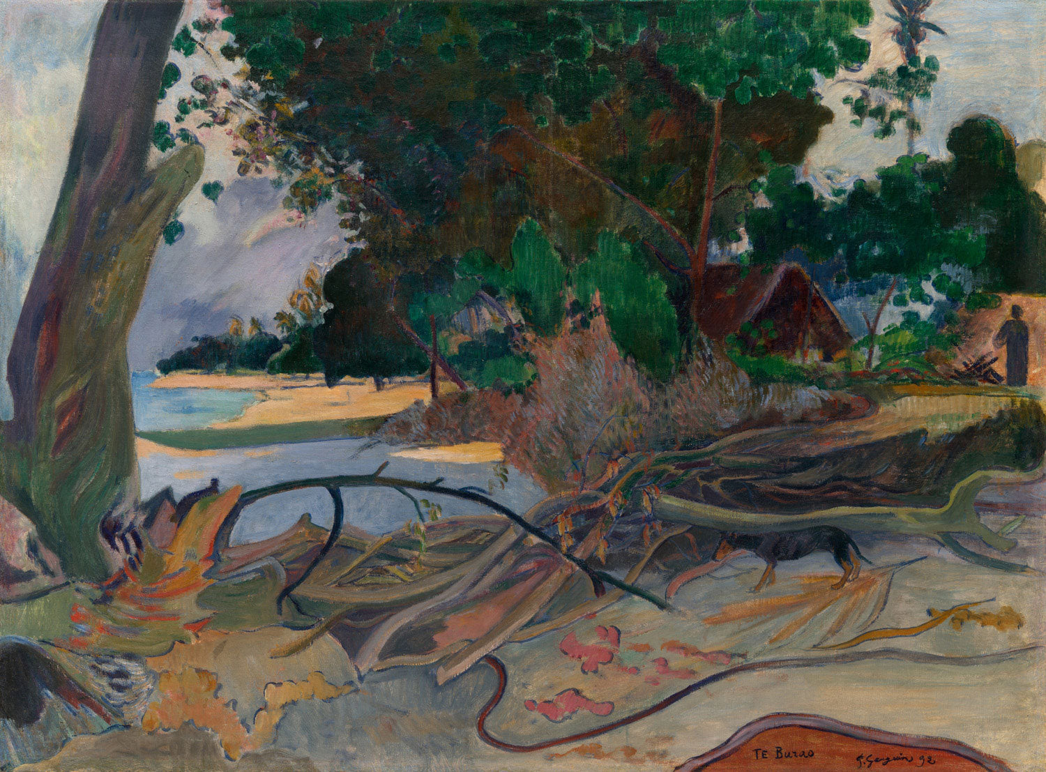 „Te burao (Der Hibiskusbaum)“ von Paul Gauguin, 1892. Eine lebendige tropische Szene mit einem großen Hibiskusbaum, dessen üppiges, grünes Laub das Bild dominiert. Unter dem Baum ist eine Gruppe von Menschen in traditioneller tahitianischer Kleidung zu sehen, die sich ausruhen oder miteinander interagieren. Der Hintergrund zeigt weiche blaue Berge und einen ruhigen Himmel. Die erdigen Töne des Bodens kontrastieren mit dem leuchtenden Grün der Blätter und den farbenfrohen Kleidern, was Gauguins charakteristi
