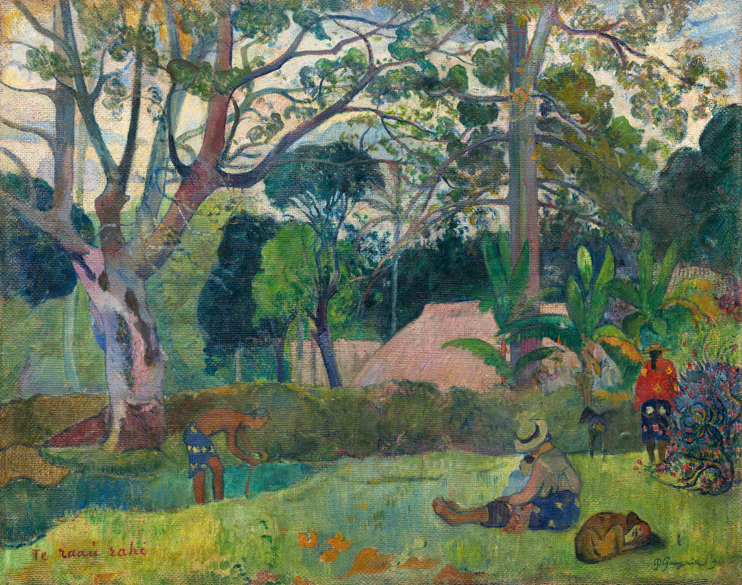Kunstdruck des Gemäldes Te raau rahi (The Big Tree) von Paul Gauguin, das einen großen Baum inmitten einer tropischen Landschaft zeigt, umgeben von leuchtender Vegetation und exotischen Figuren, mit kräftigen Farben und flächiger Komposition.