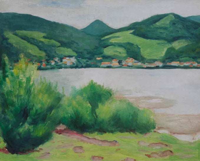 Kunstdruck des Gemäldes „Tegernseer Landschaft“ von August Macke. Hochwertig in Deutschland von Hand gefertigt, erhältlich als Leinwand oder Poster und optional gerahmt.