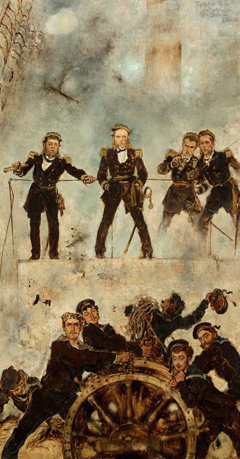 Tegetthoff in der Seeschlacht bei Lissa I von Anton Romako, realistisches Gemälde mit dramatischer Darstellung einer historischen Seeschlacht.