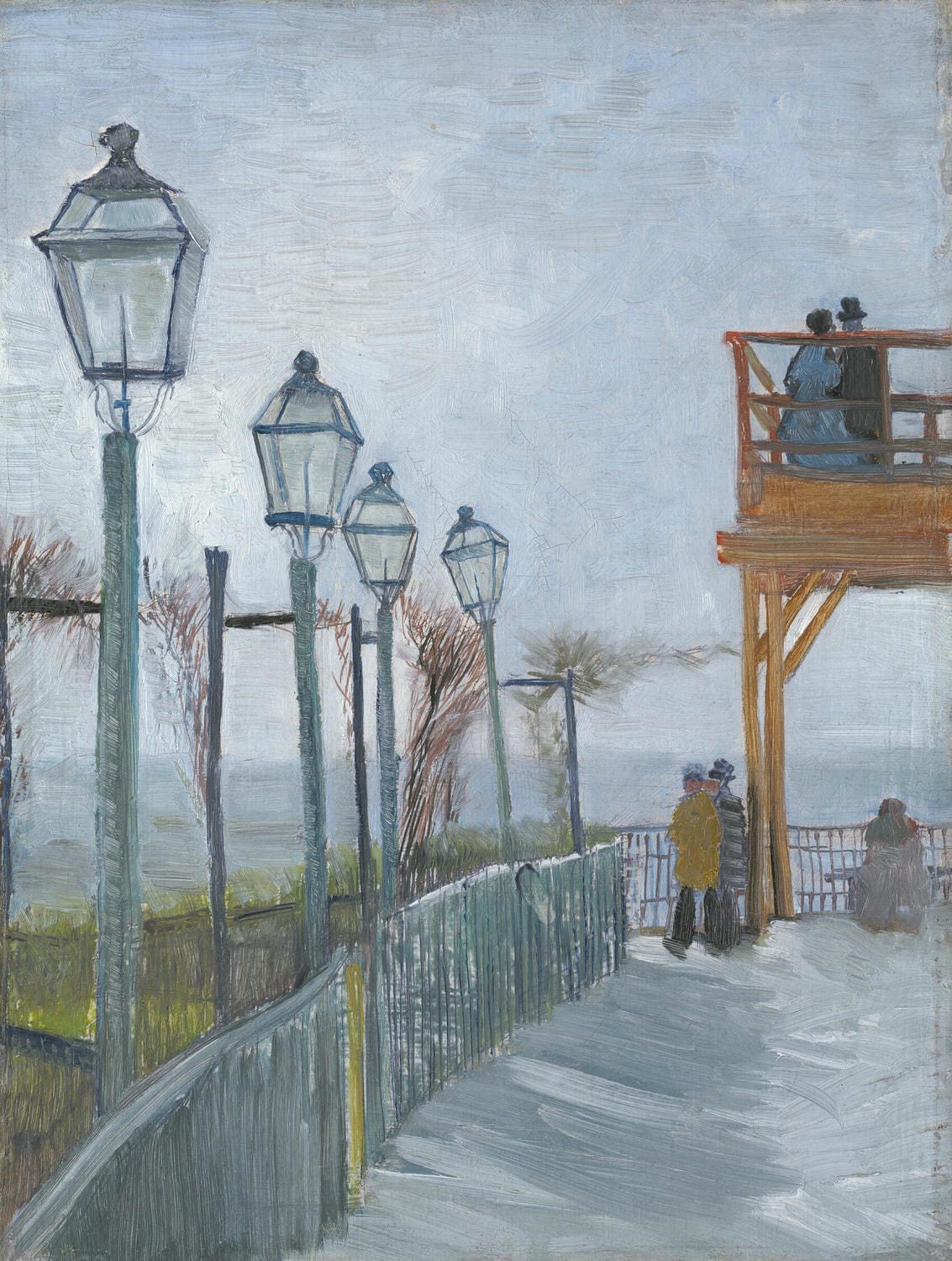 Terrasse und Aussichtsterrasse des Moulin de Blute-Fin in Montmartre, gemalt von Vincent van Gogh im Jahr 1886. Das Bild zeigt eine belebte Szene mit einem traditionellen Windmühlen-Restaurant, kräftigen Farben und dynamischen Pinselstrichen, die die Energie des Ortes einfangen.