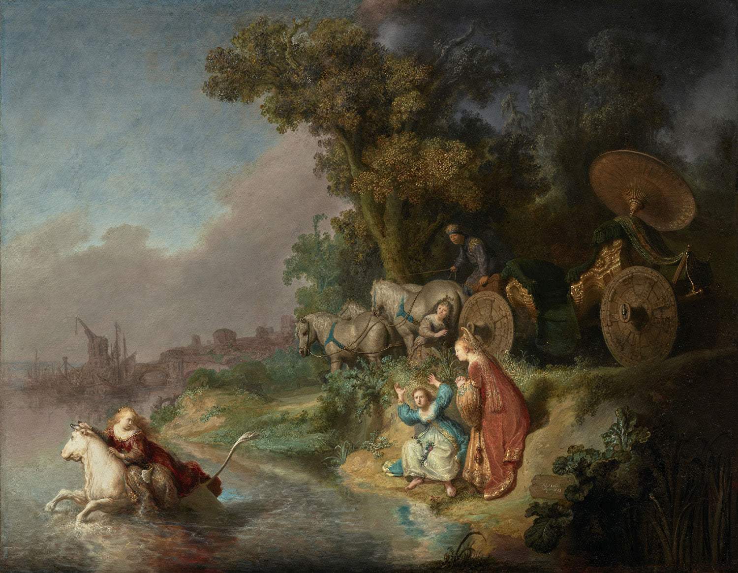 Das Gemälde "Die Entführung der Europa" von Rembrandt van Rijn zeigt den Moment, in dem Zeus in Gestalt eines Stiers die schöne Europa entführt. Die dramatische Szene wird durch meisterhafte Lichtführung und emotionale Intensität lebendig gemacht.