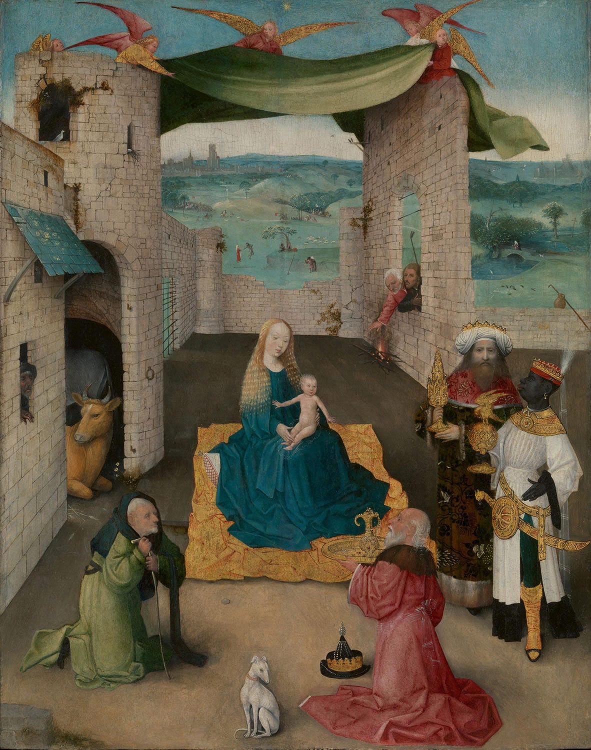 Ein Gemälde von Hieronymus Bosch zeigt die Anbetung des Christuskindes durch die Heiligen Drei Könige. Die Szene ist reich an Details, mit lebendigen Farben und symbolischen Elementen. Im Zentrum steht Maria mit dem Kind, umgeben von den Königen, die ihre Gaben darbringen. Eine eindrucksvolle Renaissance-Komposition.