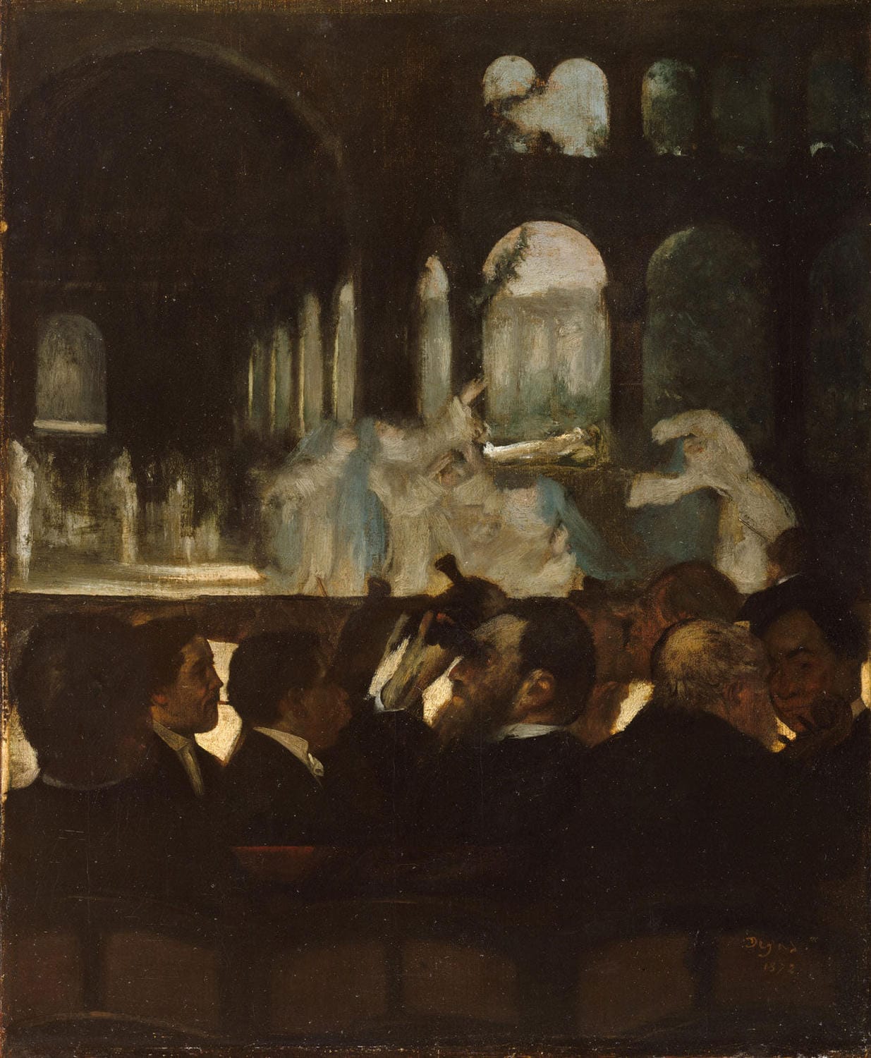 Impressionistisches Gemälde von Edgar Degas: Ballerinen in weißen Kostümen tanzen auf einer Opernbühne im diffusen Licht. Die zarten Pinselstriche fangen Bewegung und Atmosphäre ein.