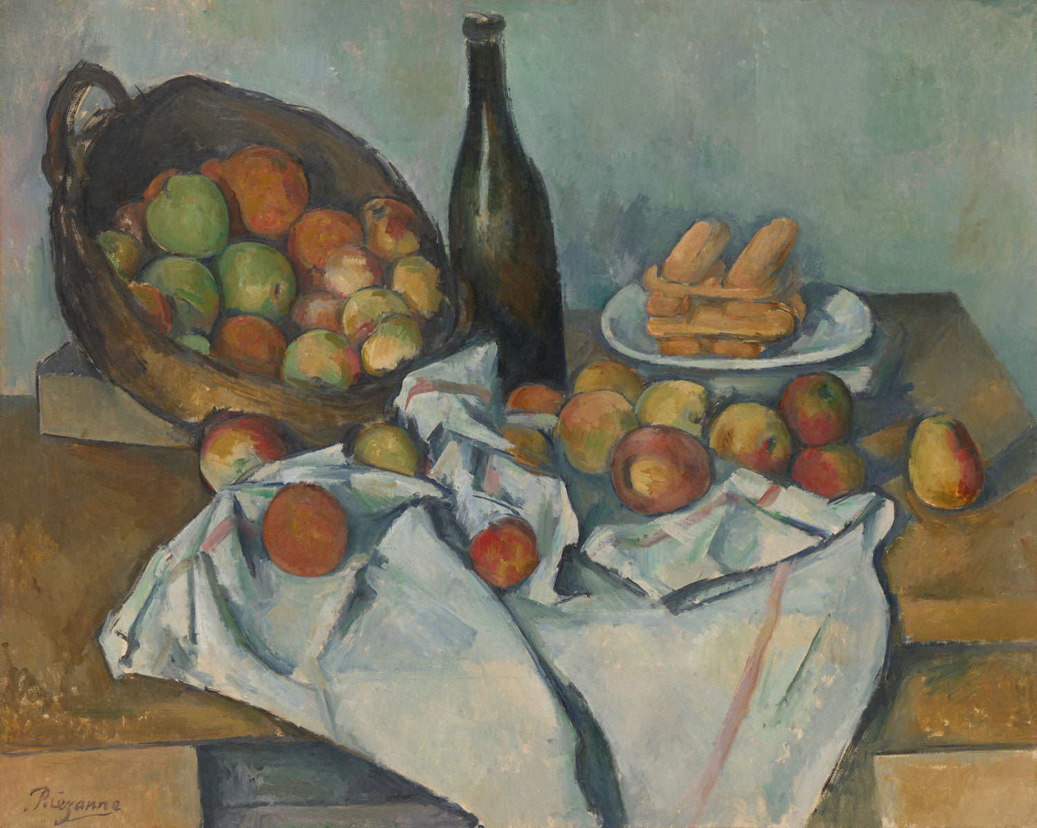 Das Gemälde „Der Korb mit Äpfeln“ von Paul Cézanne zeigt einen Korb mit Äpfeln auf einem Tisch, beleuchtet von sanftem Licht. Die Früchte sind in kräftigen Farben und geometrischen Formen dargestellt, wobei der Fokus auf ihrer Textur und Struktur liegt. Die Komposition betont eine tiefe, fast dreidimensionale Wirkung.