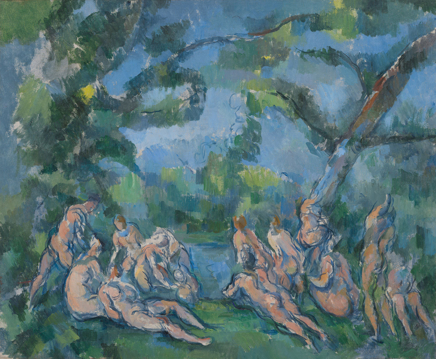 Das Gemälde Die Badegäste von Paul Cézanne zeigt eine Gruppe von Badenden in einer idyllischen Naturkulisse, umrahmt von üppigem Laub. Die Figuren sind in unterschiedlichen Posen dargestellt, um eine Balance zwischen der Kraft der Körper und der Ruhe der Umgebung zu schaffen. Cézanne verwendet schraffierte Flecken, um Boden, Wasser, Bäume und Himmel darzustellen, was die Energie und den emotionalen Ausdruck des Künstlers widerspiegelt.
