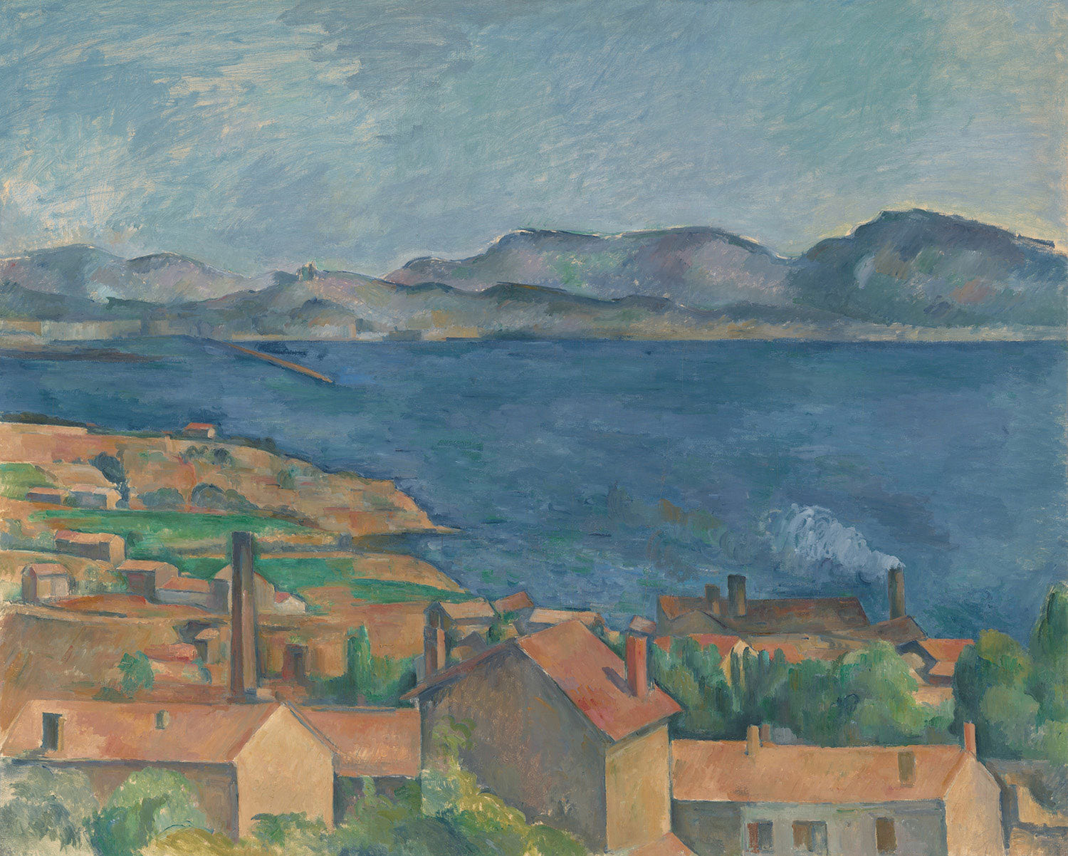 Das Gemälde „Die Bucht von Marseille, gesehen von L'Estaque“ von Paul Cézanne zeigt eine weite, mediterrane Landschaft mit Blick auf das Meer, umrahmt von felsigen Hügeln und einem klaren Himmel. Cézanne verwendet kräftige Pinselstriche und klare, geometrische Formen, die den Übergang von Impressionismus zu Postimpressionismus widerspiegeln. Die Farben sind lebendig und harmonisch, und die Perspektive vermittelt eine tiefere emotionale Verbindung zur Natur.