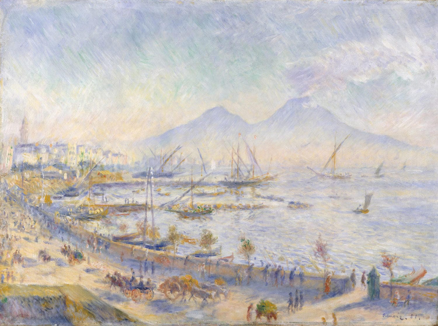 Impressionistisches Gemälde von Pierre-Auguste Renoir, das die Bucht von Neapel zeigt. Leuchtende Blau- und Grüntöne fangen das strahlende Sonnenlicht, das Meer und die mediterrane Landschaft ein.