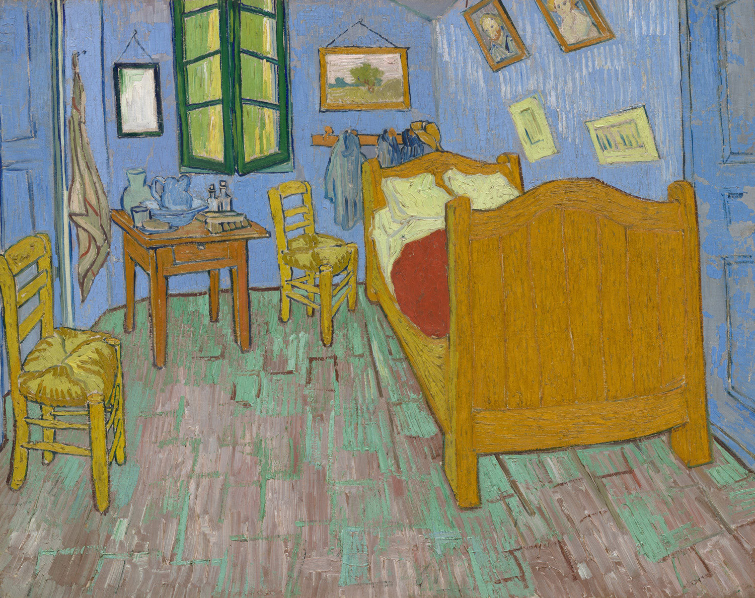 Vincent van Goghs *Das Schlafzimmer* zeigt ein einfaches Zimmer mit einem Bett, Stühlen und einem Tisch, in kräftigen Blau-, Gelb- und Brauntönen, das eine ruhige, intime Atmosphäre vermittelt.