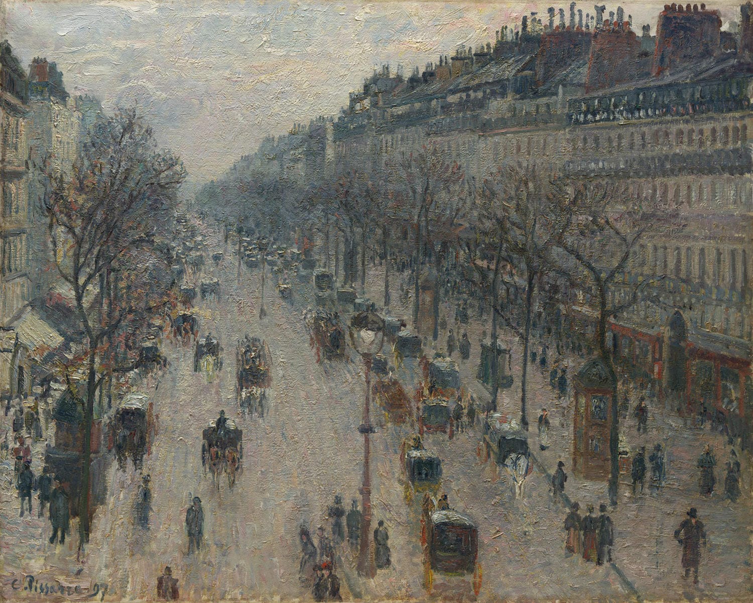 „Der Boulevard Montmartre an einem Wintermorgen“ von Camille Pissarro zeigt den berühmten Pariser Boulevard in sanften Winterfarben. Die verschneite Straße ist von Passanten und Dampf erfüllt, was die kühle, aber lebendige Atmosphäre eines winterlichen Morgens in Paris widerspiegelt.