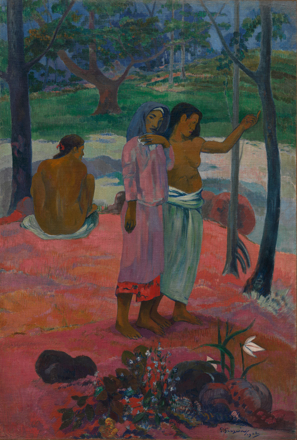 Post-impressionistisches Gemälde 'Der Anruf' von Paul Gauguin, das eine symbolische Darstellung von Spiritualität und Natur in lebendigen Farben zeigt.