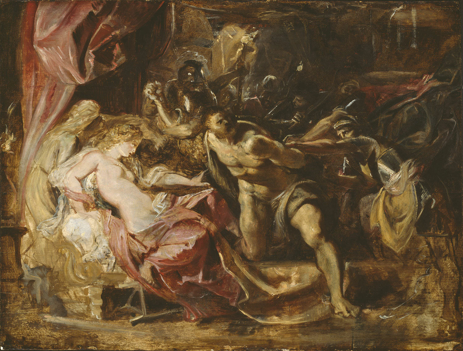 „Die Ergreifung des Samson“ von Peter Paul Rubens zeigt den dramatischen Moment, in dem der biblische Held Samson von den Philistern gefangen genommen wird. Der kräftige Einsatz von Licht und Schatten, die detaillierten Figuren und die lebendigen Farben verleihen dem Werk eine epische Ausstrahlung.