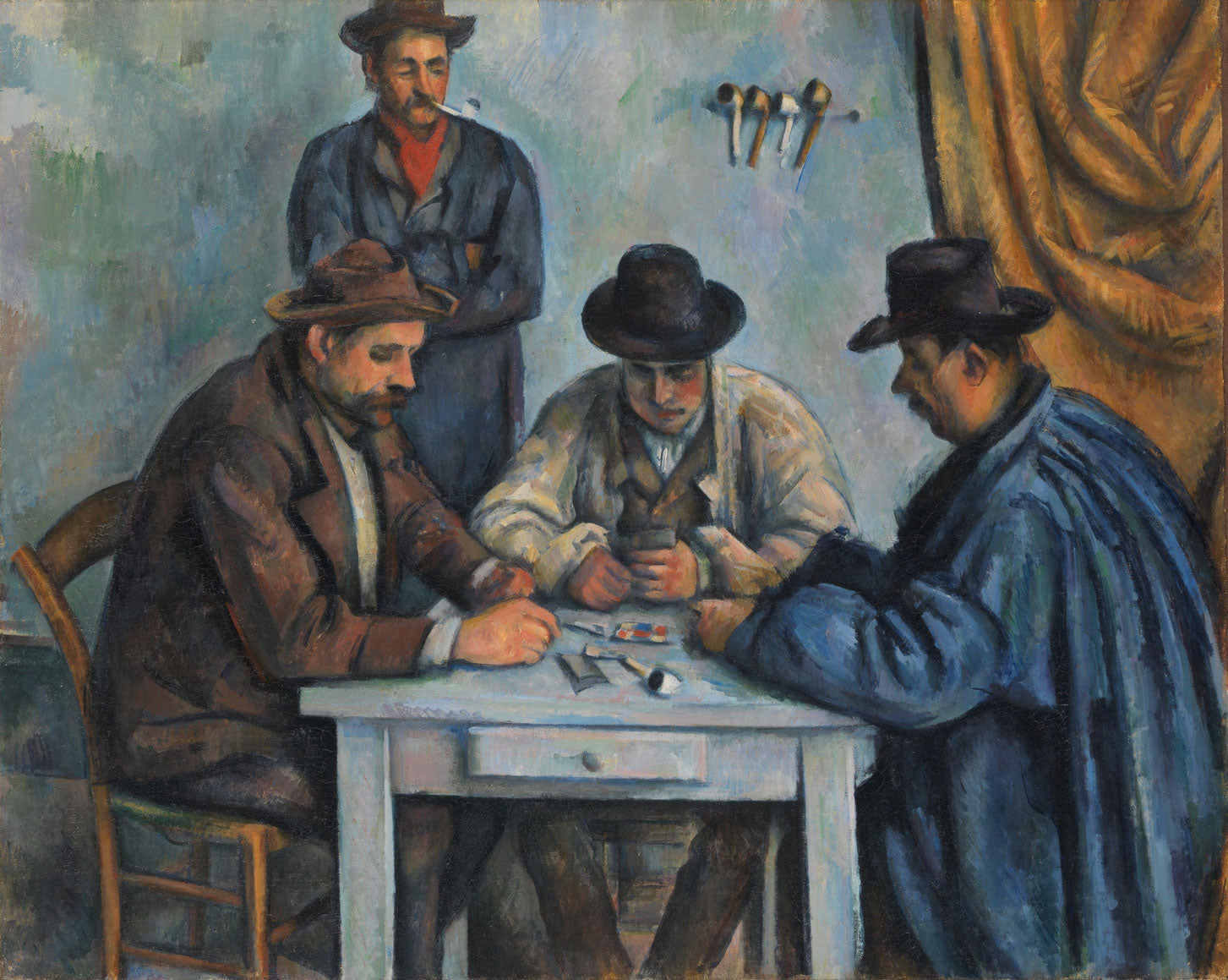 „Die Kartenspieler“ von Paul Cézanne zeigt zwei Männer, die in Ruhe eine Partie Karten spielen. Mit kräftigen, klaren Formen und sanften Farbverläufen fängt Cézanne die Konzentration und Ruhe der Szene ein. Die detaillierte Darstellung und die ruhige Atmosphäre verleihen dem Werk eine zeitlose Präsenz.