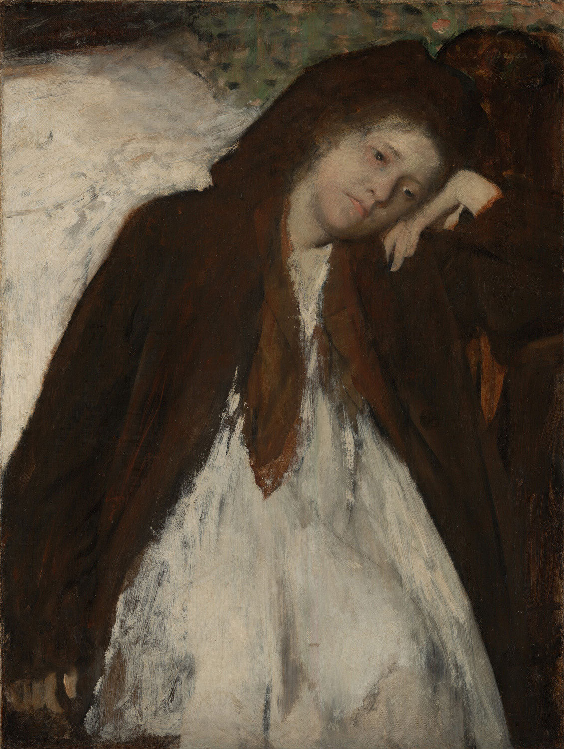 Die Rekonvaleszentin von Edgar Degas: Eine nachdenkliche Frau in sanften Grün- und Beigetönen, in einem Moment der Ruhe und Genesung im impressionistischen Stil.