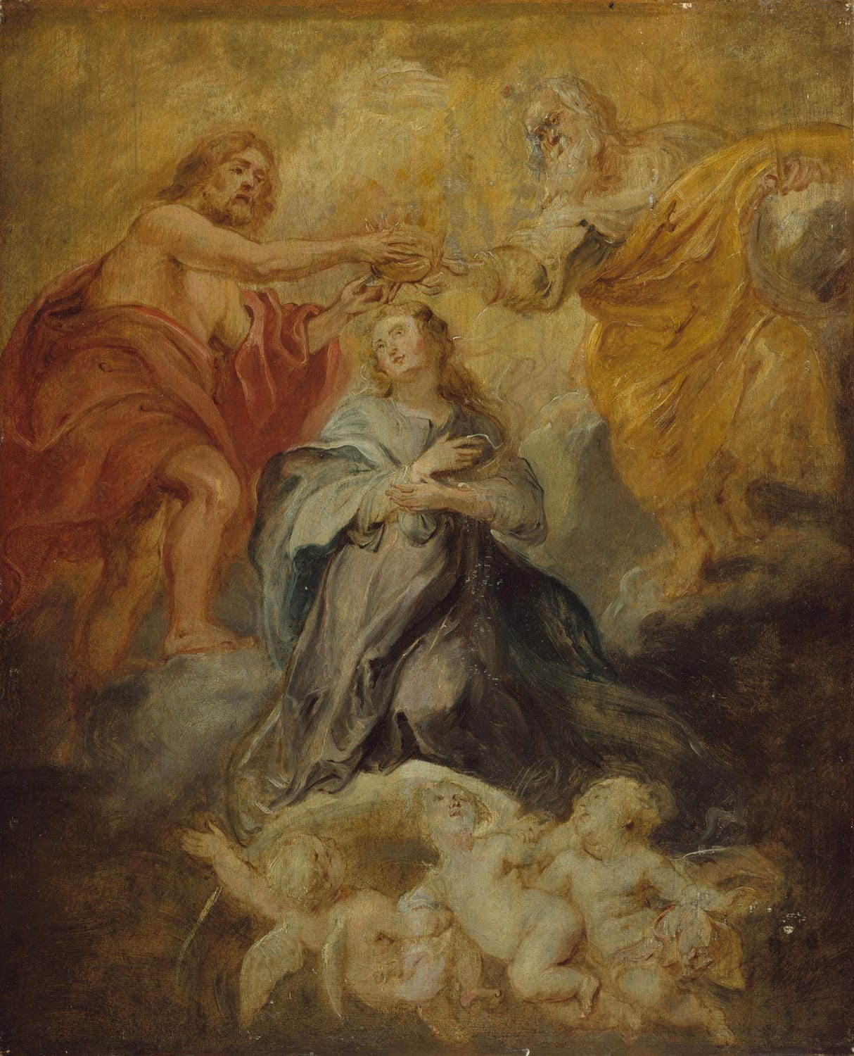 Barockes Gemälde von Peter Paul Rubens, das die Krönung der Jungfrau Maria durch Engel und Heilige darstellt, umgeben von dramatischen Farben und himmlischer Symbolik.