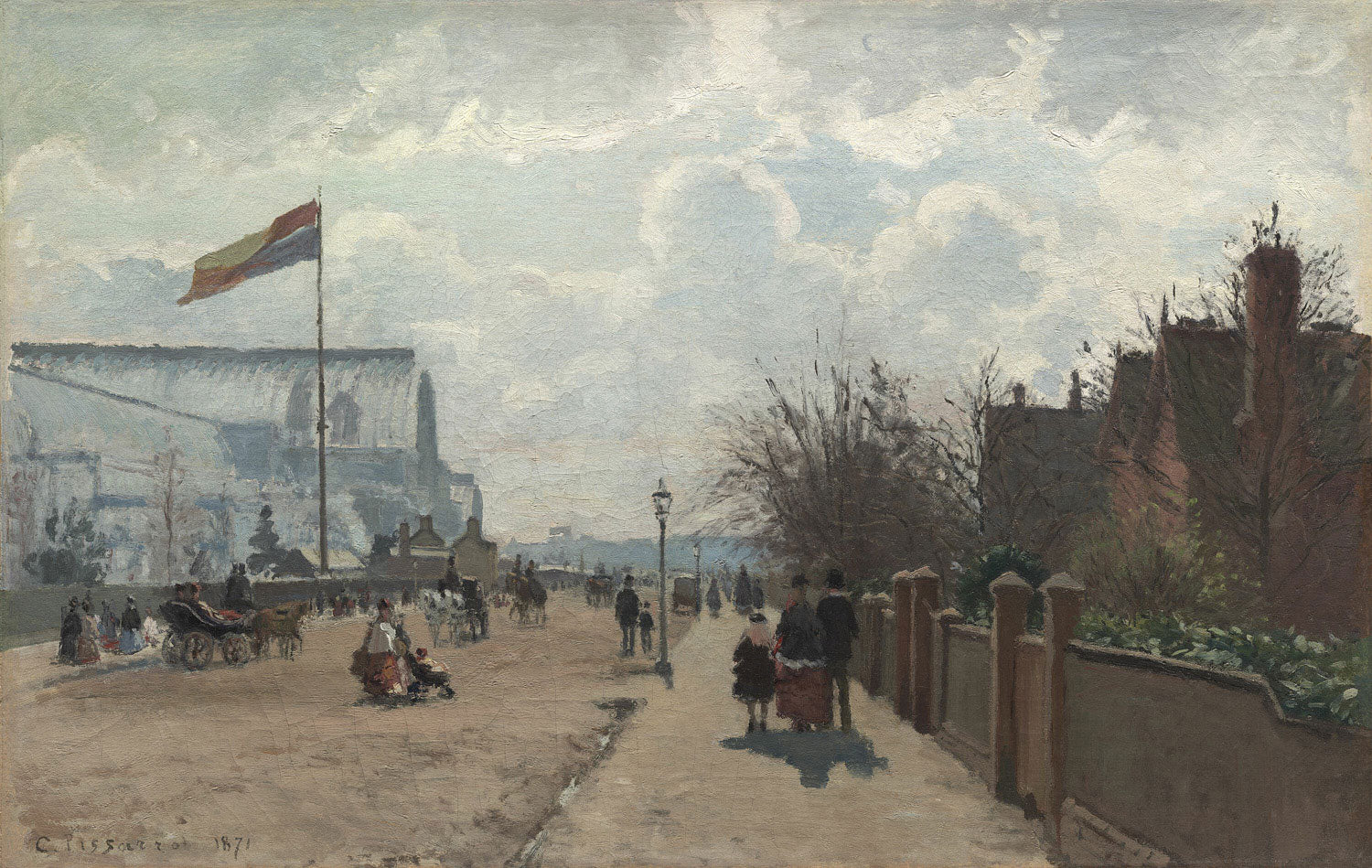 Gemälde "Der Kristallpalast" von Camille Pissarro: Impressionistische Stadtansicht Londons mit dem Kristallpalast im Hintergrund, belebte Straßen und sanfte Farbgebung.